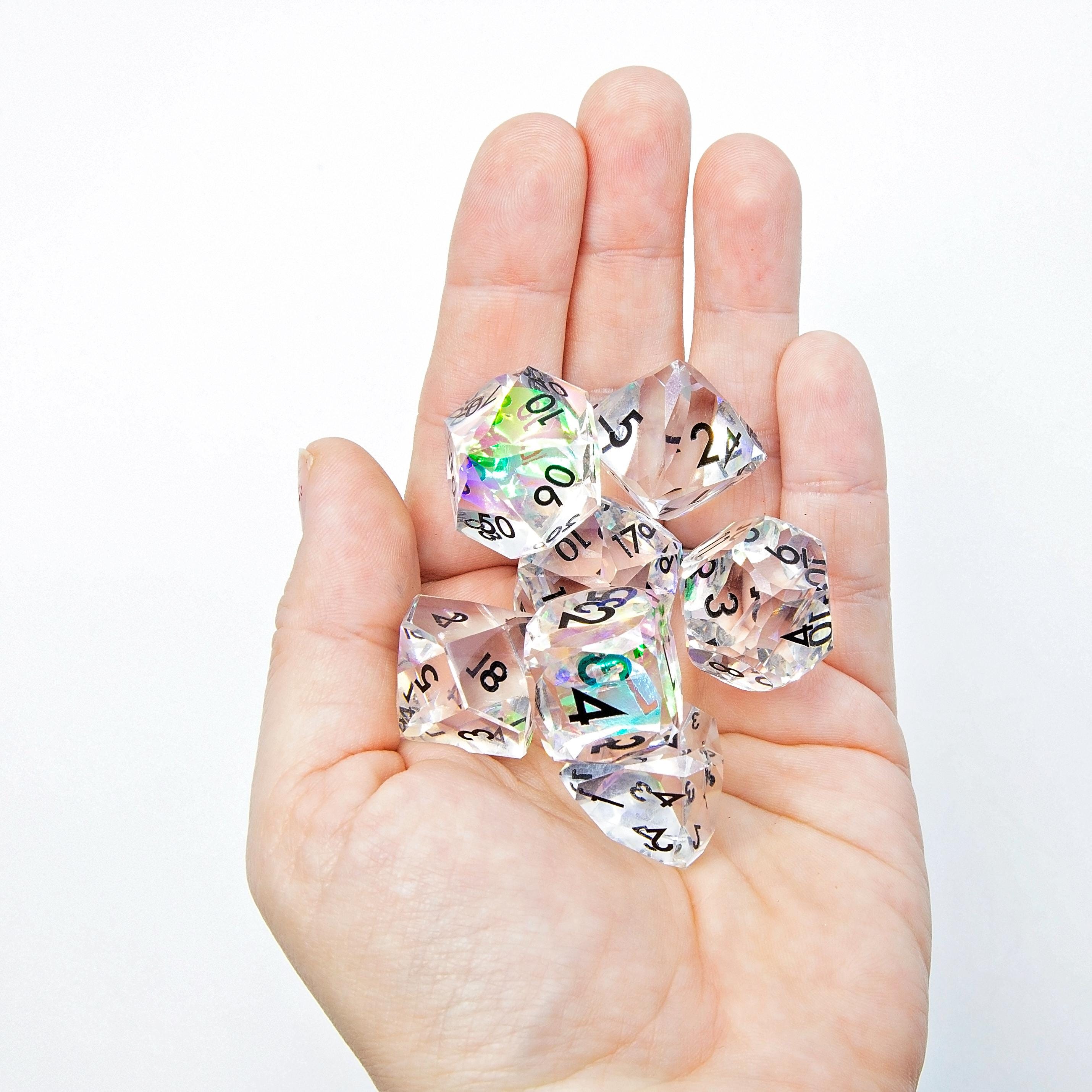Faceted Resin DND Dice Set | Sage’s Faceted Crystals | Clear Gem Cut Design