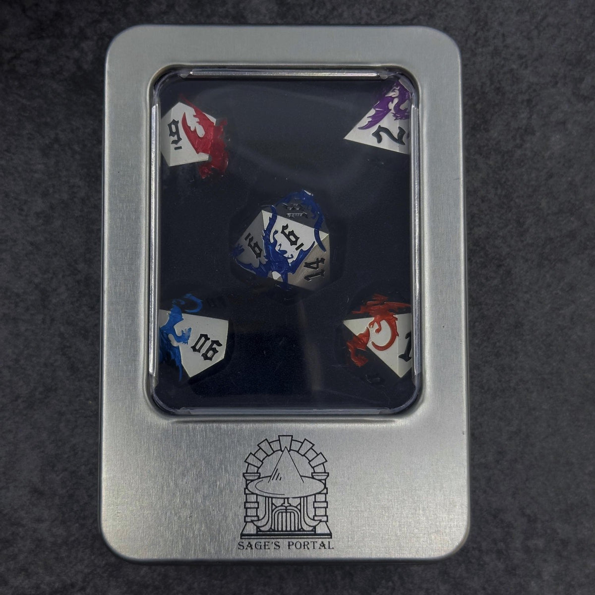 Metal DND Dice Set | Sage’s Chromatic Dragon Etchings | Rainbow Engraved Dragons Polyhedral Dice - Sage's PortalMetal Dice Set