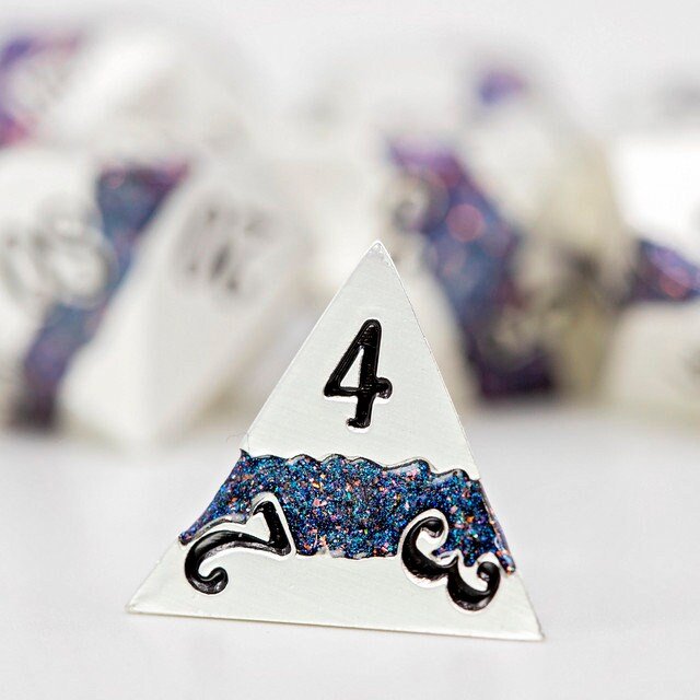 Metal DND Dice Set | Sage’s Rift Stones | Pearl Silver Dice with Blue and Pink Resin Glitter Stripe - Sage's PortalMetal Dice Set