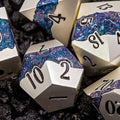 Metal DND Dice Set | Sage’s Rift Stones | Pearl Silver Dice with Blue and Pink Resin Glitter Stripe - Sage's PortalMetal Dice Set