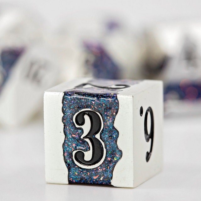 Metal DND Dice Set | Sage’s Rift Stones | Pearl Silver Dice with Blue and Pink Resin Glitter Stripe - Sage's PortalMetal Dice Set