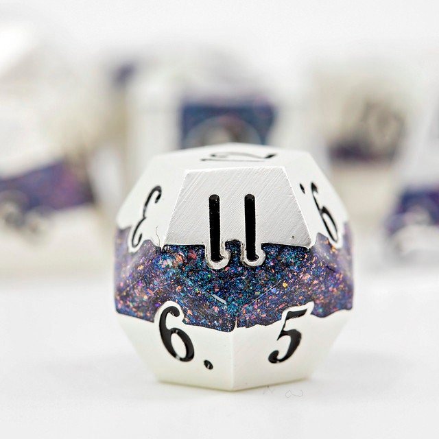 Metal DND Dice Set | Sage’s Rift Stones | Pearl Silver Dice with Blue and Pink Resin Glitter Stripe - Sage's PortalMetal Dice Set