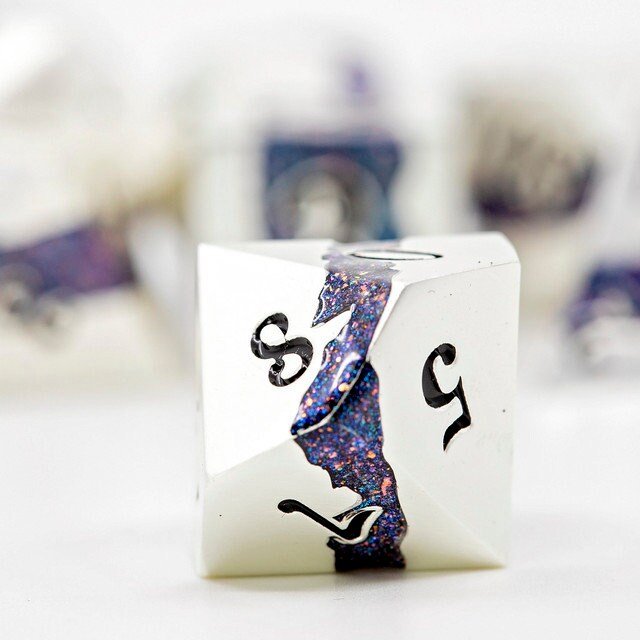 Metal DND Dice Set | Sage’s Rift Stones | Pearl Silver Dice with Blue and Pink Resin Glitter Stripe - Sage's PortalMetal Dice Set