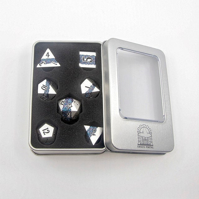 Metal DND Dice Set | Sage’s Rift Stones | Pearl Silver Dice with Blue and Pink Resin Glitter Stripe - Sage's PortalMetal Dice Set