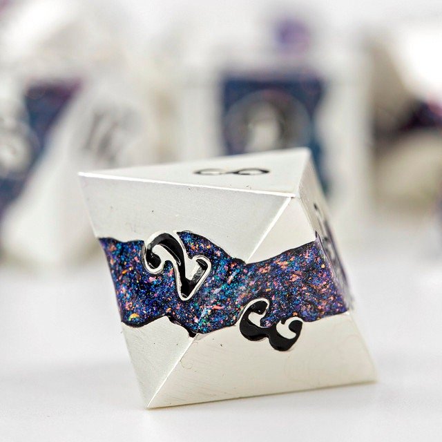 Metal DND Dice Set | Sage’s Rift Stones | Pearl Silver Dice with Blue and Pink Resin Glitter Stripe - Sage's PortalMetal Dice Set