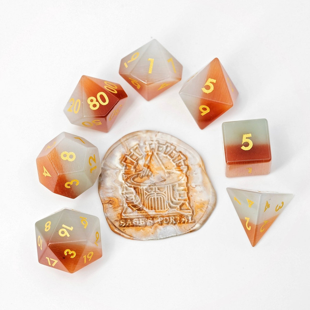 Orange Pearl Cat's Eye Gemstone DND Dice Set | Sage’s Treasures | Real Catseye Gem Polyhedral Dice - Sage's PortalGemstone Dice Set