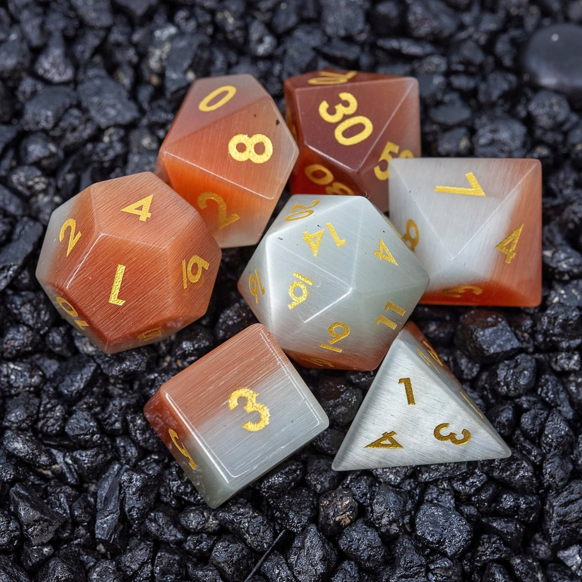 Orange Pearl Cat's Eye Gemstone DND Dice Set | Sage’s Treasures | Real Catseye Gem Polyhedral Dice - Sage's PortalGemstone Dice Set