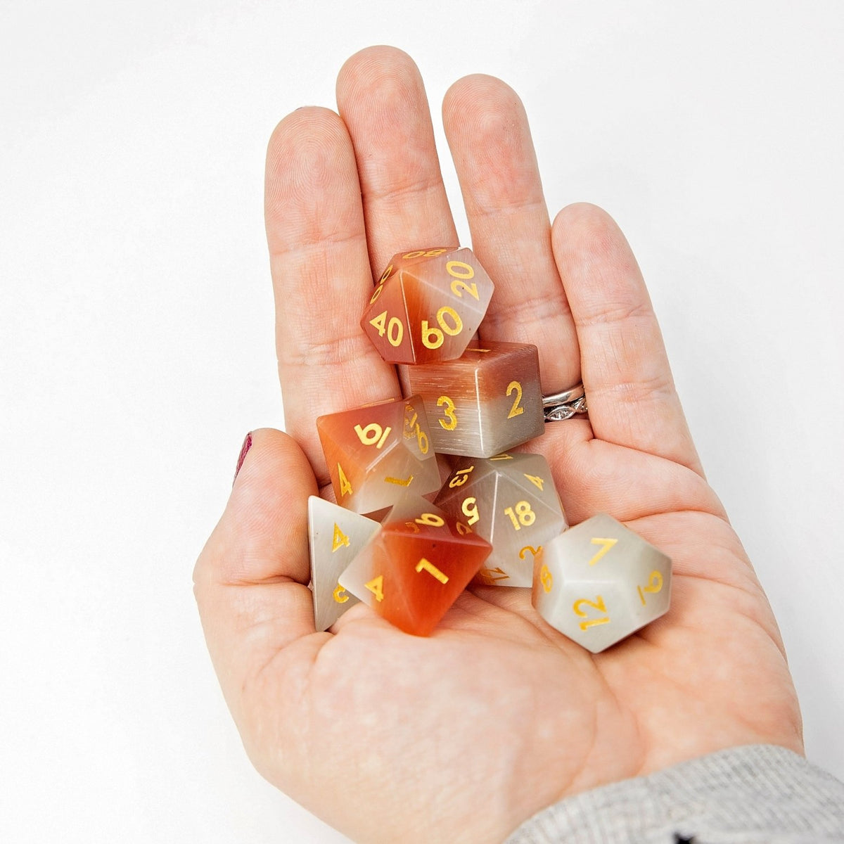 Orange Pearl Cat's Eye Gemstone DND Dice Set | Sage’s Treasures | Real Catseye Gem Polyhedral Dice - Sage's PortalGemstone Dice Set