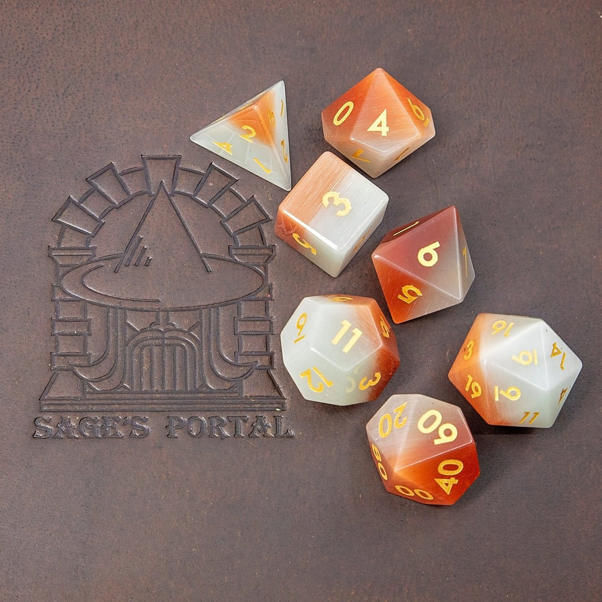 Orange Pearl Cat's Eye Gemstone DND Dice Set | Sage’s Treasures | Real Catseye Gem Polyhedral Dice - Sage's PortalGemstone Dice Set