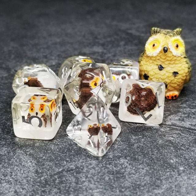 Owl DND Resin Dice Set | Sage's Familiars + Optional Matching Figurine | Bird Polyhedral Dice - Sage's PortalResin Dice + Figurine Set
