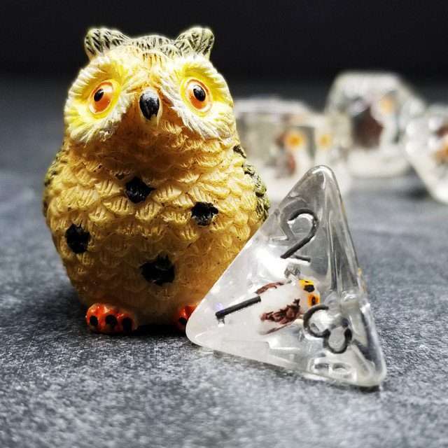 Owl DND Resin Dice Set | Sage's Familiars + Optional Matching Figurine | Bird Polyhedral Dice - Sage's PortalResin Dice + Figurine Set
