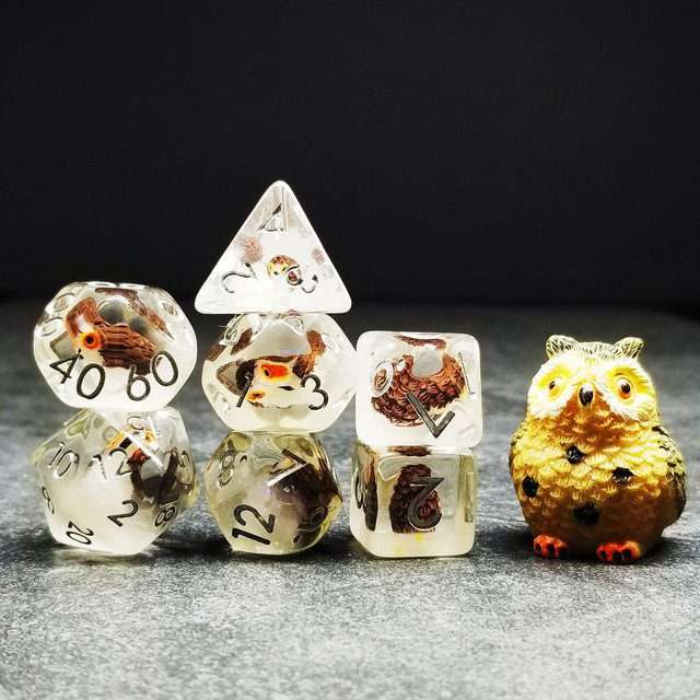 Owl DND Resin Dice Set | Sage's Familiars + Optional Matching Figurine | Bird Polyhedral Dice - Sage's PortalResin Dice + Figurine Set