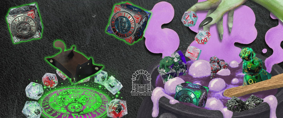 Shop Sage's Witches and Warlocks Halloween Sale to save 30% off on spooky dice, plus receive a free black cat dice tray on orders over $40