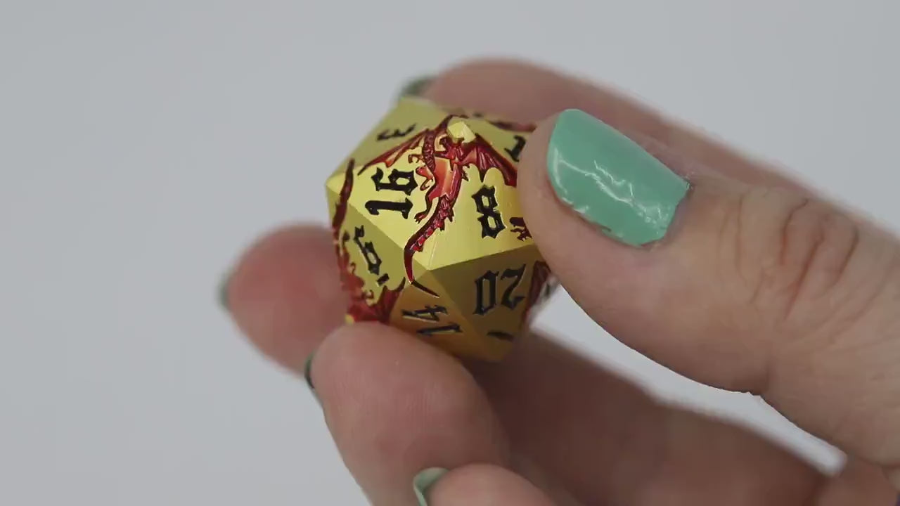 Gold Metal DND Dice Set | Sage’s Dragon Etchings | Red Engraved Dragons Polyhedral Dice