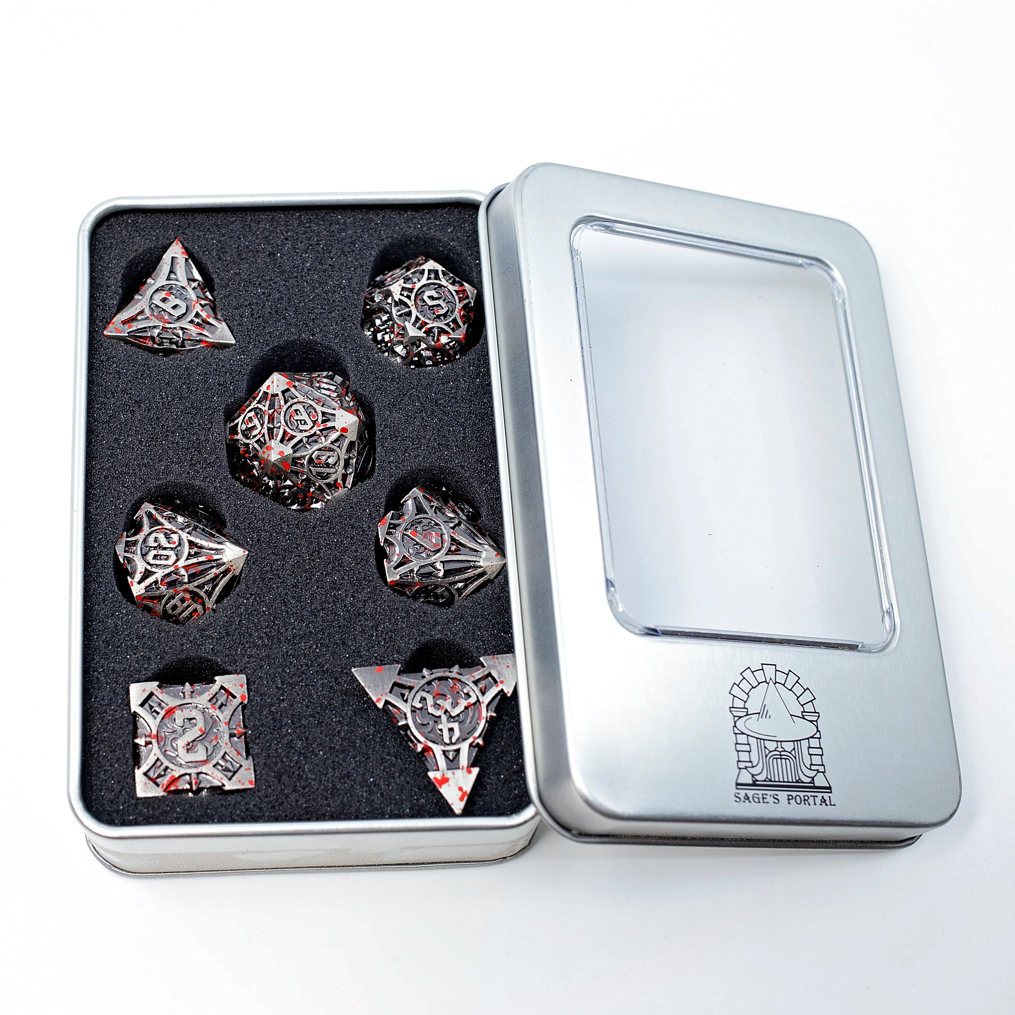 Sage’s Runic Caltrops Nickel Blood Splatter Solid Metal Polyhedral Dice Set