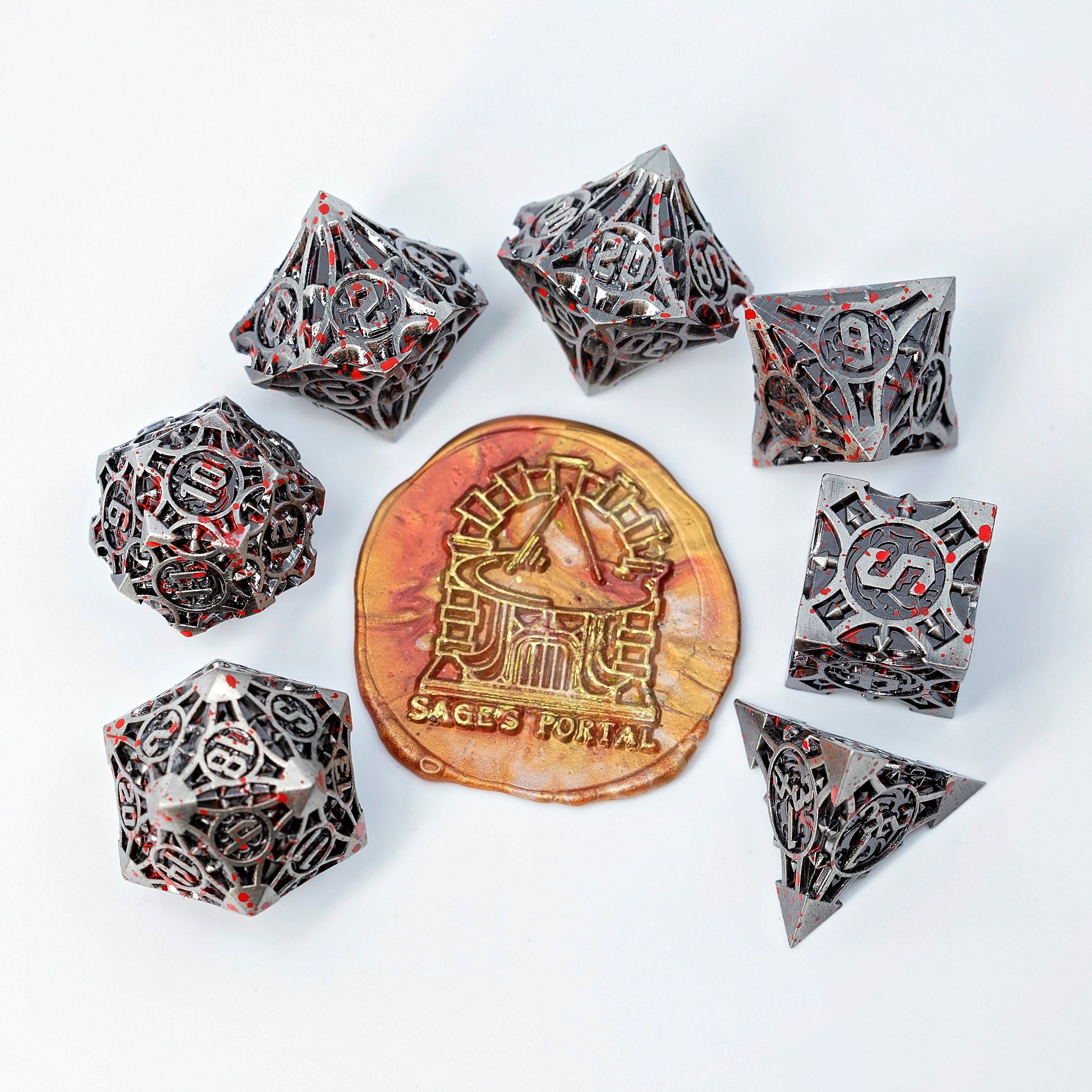 Sage’s Runic Caltrops Nickel Blood Splatter Solid Metal Polyhedral Dice Set
