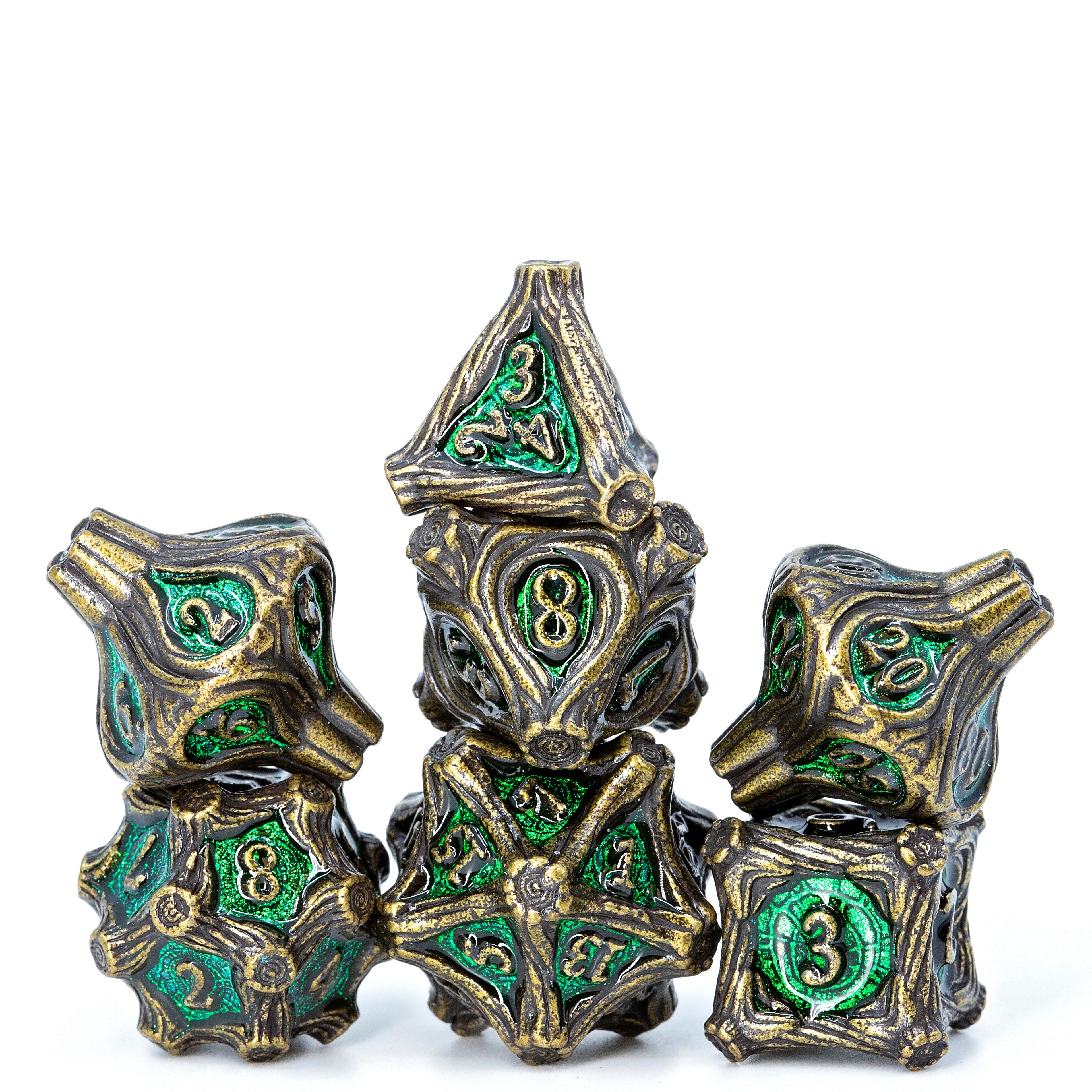 Tree Branch Metal DND Dice Set | Sage’s Petrified Groves Verdantwood | Antique Bronze & Green Themed Druid Dice
