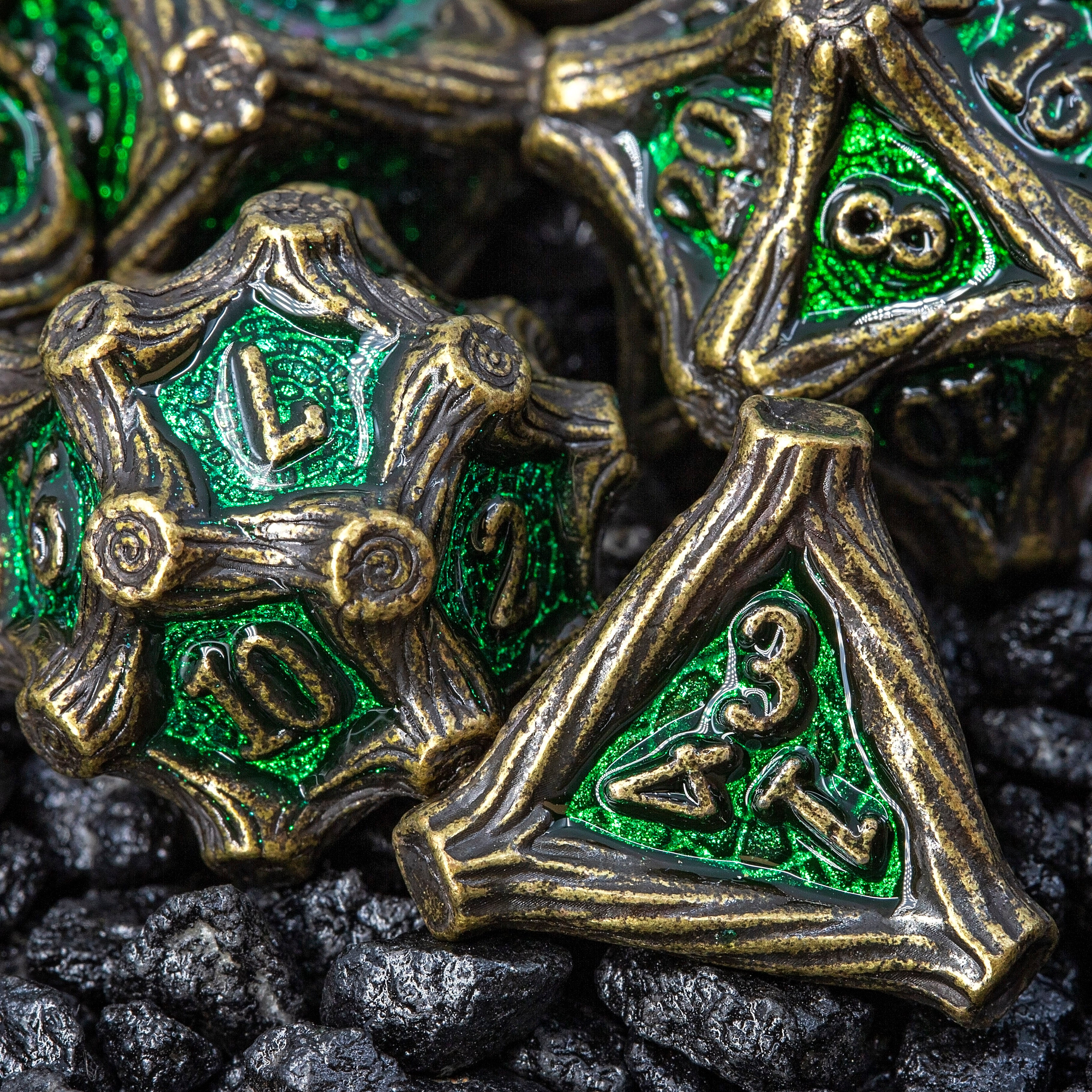 Tree Branch Metal DND Dice Set | Sage’s Petrified Groves Verdantwood | Antique Bronze & Green Themed Druid Dice