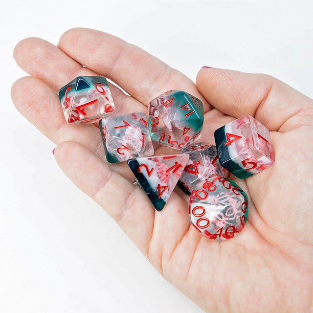 Sage's Albino Spiderlings Familiar in Green Resin Polyhedral Dice Set - Sage's PortalResin Dice Set