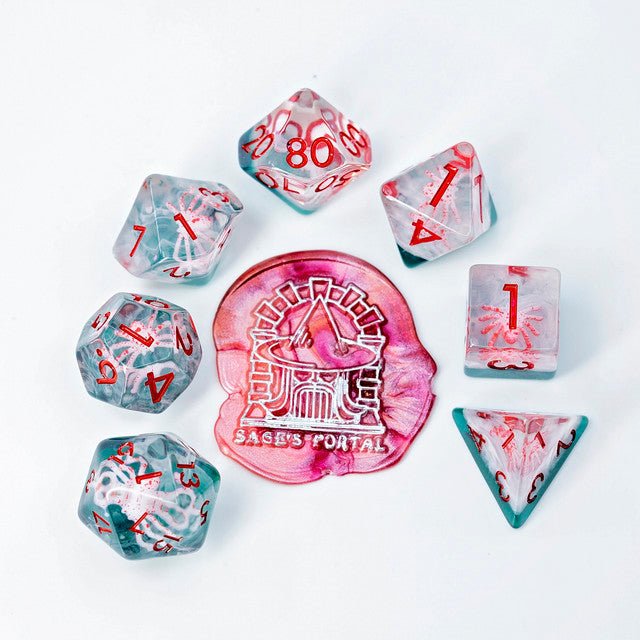Sage's Albino Spiderlings Familiar in Green Resin Polyhedral Dice Set - Sage's PortalResin Dice Set
