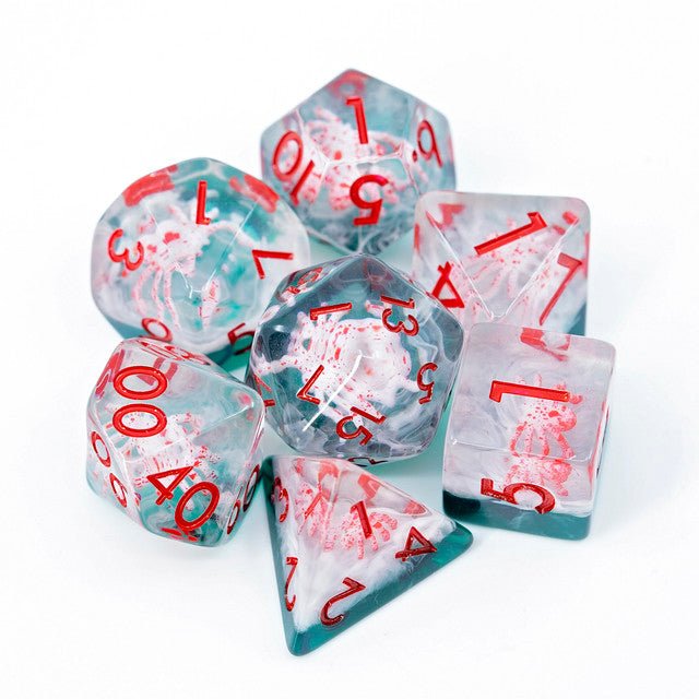 Sage's Albino Spiderlings Familiar in Green Resin Polyhedral Dice Set - Sage's PortalResin Dice Set
