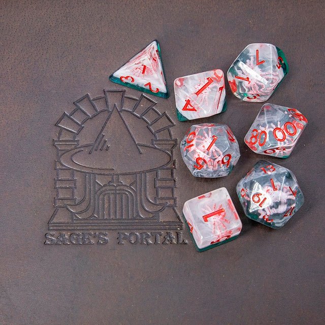 Sage's Albino Spiderlings Familiar in Green Resin Polyhedral Dice Set - Sage's PortalResin Dice Set