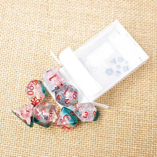 Sage's Albino Spiderlings Familiar in Green Resin Polyhedral Dice Set - Sage's PortalResin Dice Set