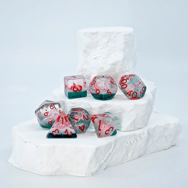 Sage's Albino Spiderlings Familiar in Green Resin Polyhedral Dice Set - Sage's PortalResin Dice Set