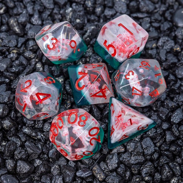 Sage's Albino Spiderlings Familiar in Green Resin Polyhedral Dice Set - Sage's PortalResin Dice Set