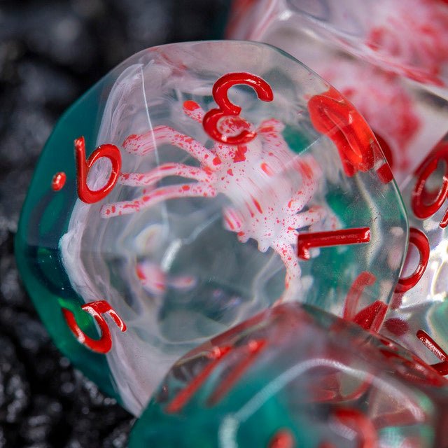 Sage's Albino Spiderlings Familiar in Green Resin Polyhedral Dice Set - Sage's PortalResin Dice Set