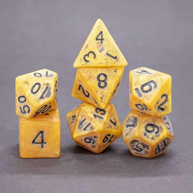 Sage's Ancient Golden Stone Black Ink Acrylic Polyhedral Dice Set - Sage's PortalAcrylic Dice Set