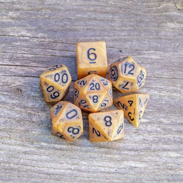 Sage's Ancient Golden Stone Black Ink Acrylic Polyhedral Dice Set - Sage's PortalAcrylic Dice Set