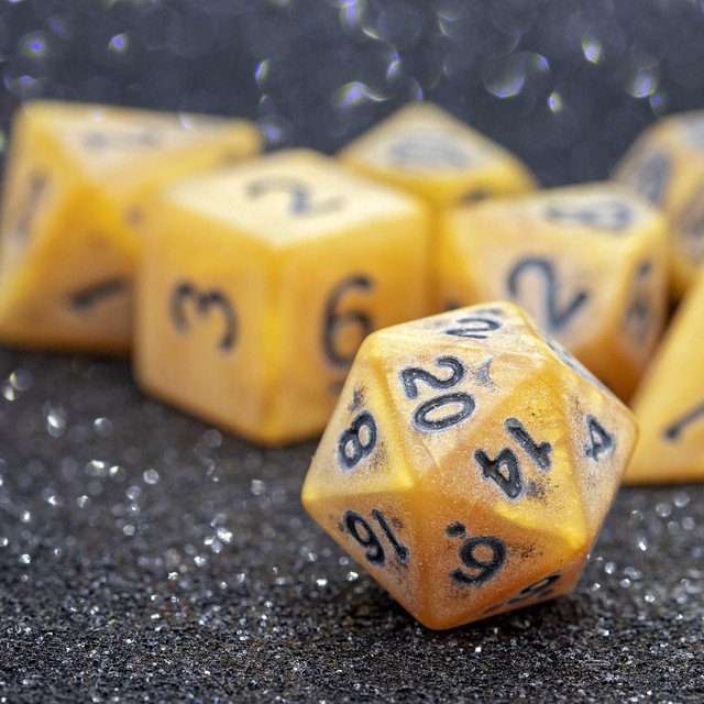 Sage's Ancient Golden Stone Black Ink Acrylic Polyhedral Dice Set - Sage's PortalAcrylic Dice Set