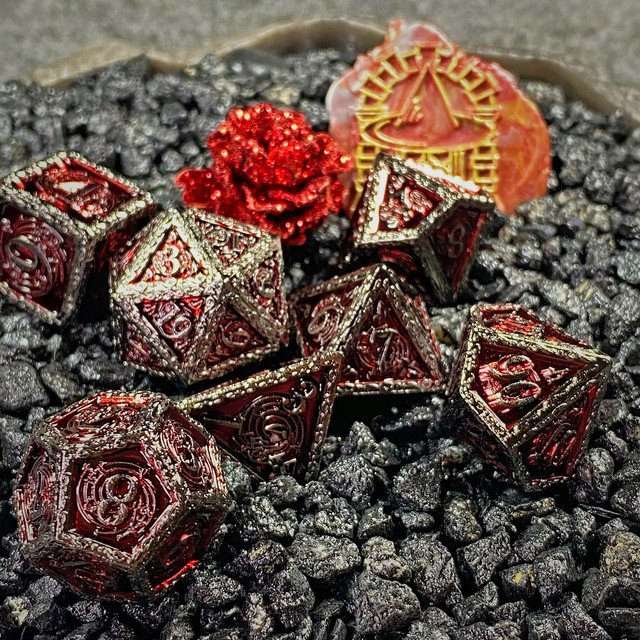 Sage's Anthems - Dark Silver and Red Metal Polyhedral Dice Set - Sage's PortalMetal Dice Set