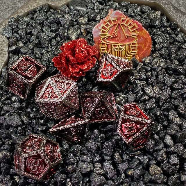 Sage's Anthems - Dark Silver and Red Metal Polyhedral Dice Set - Sage's PortalMetal Dice Set