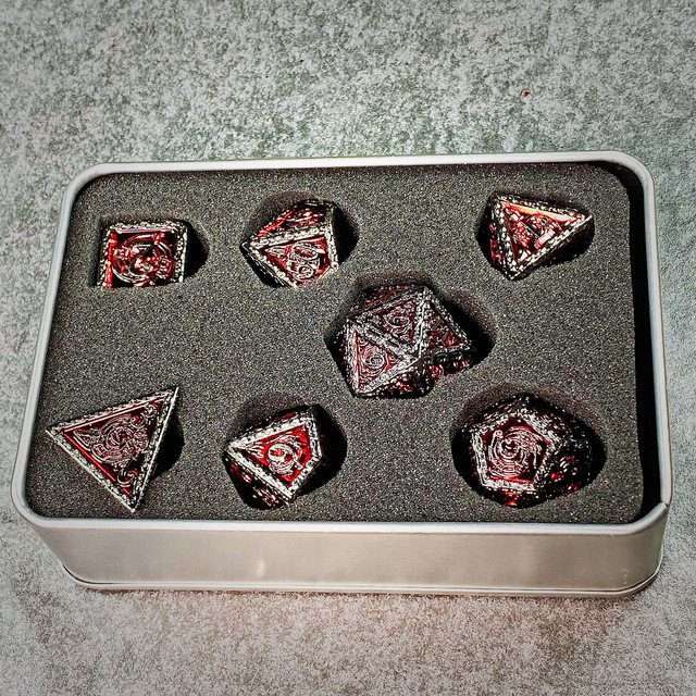 Sage's Anthems - Dark Silver and Red Metal Polyhedral Dice Set - Sage's PortalMetal Dice Set