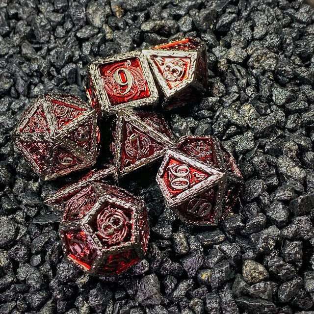 Sage's Anthems - Dark Silver and Red Metal Polyhedral Dice Set - Sage's PortalMetal Dice Set