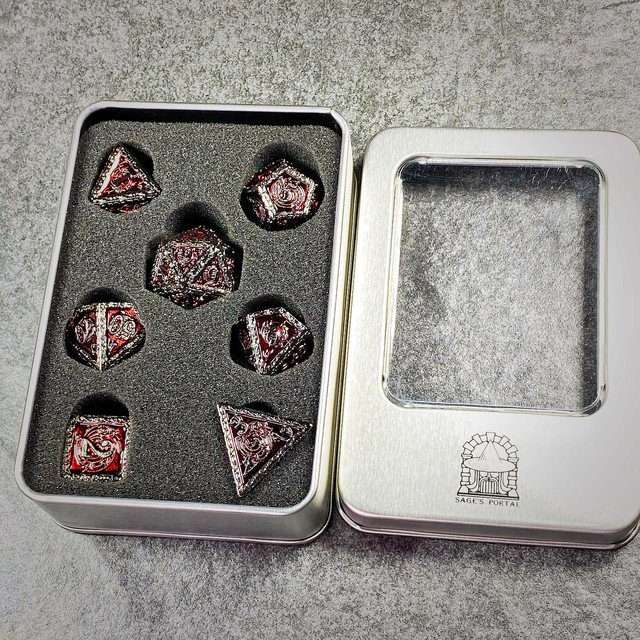 Sage's Anthems - Dark Silver and Red Metal Polyhedral Dice Set - Sage's PortalMetal Dice Set