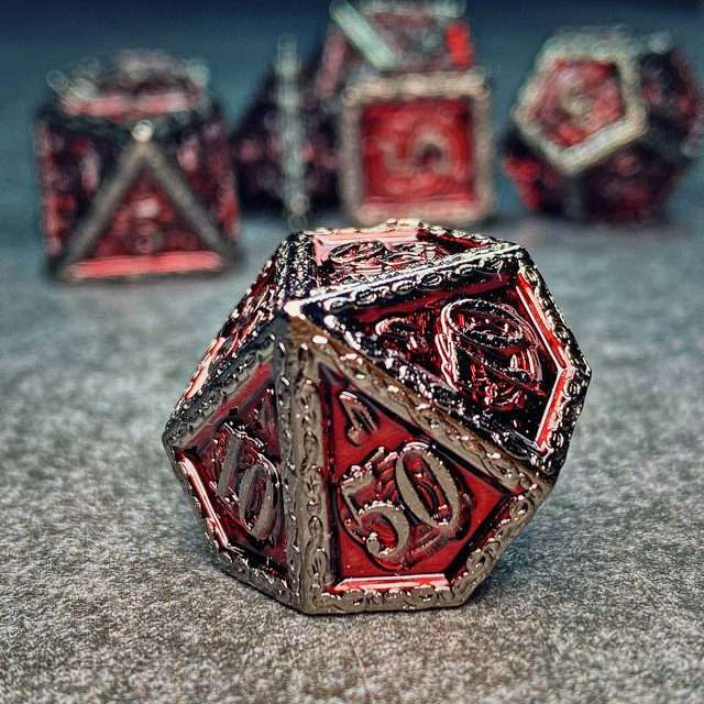 Sage's Anthems - Dark Silver and Red Metal Polyhedral Dice Set - Sage's PortalMetal Dice Set