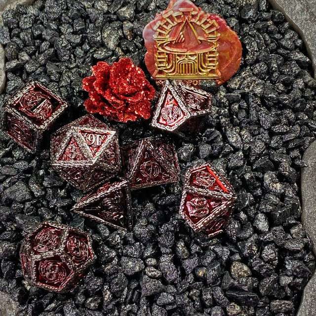 Sage's Anthems - Dark Silver and Red Metal Polyhedral Dice Set - Sage's PortalMetal Dice Set