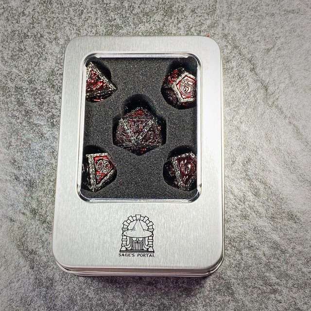 Sage's Anthems - Dark Silver and Red Metal Polyhedral Dice Set - Sage's PortalMetal Dice Set