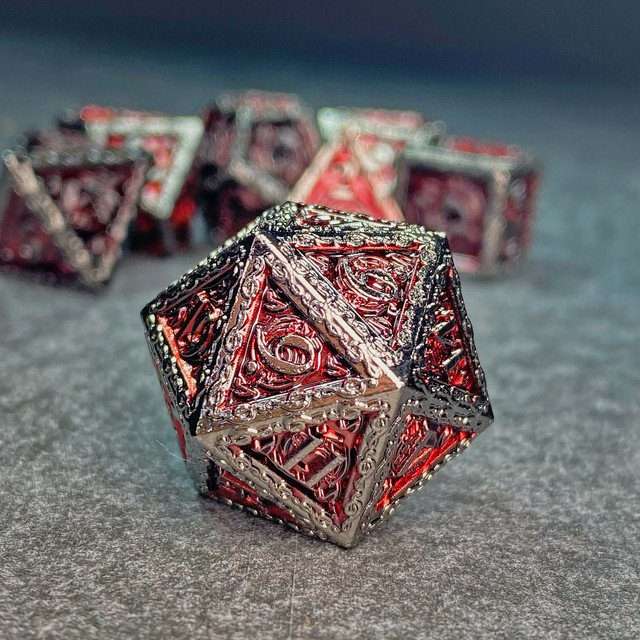 Sage's Anthems - Dark Silver and Red Metal Polyhedral Dice Set - Sage's PortalMetal Dice Set