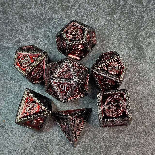 Sage's Anthems - Dark Silver and Red Metal Polyhedral Dice Set - Sage's PortalMetal Dice Set