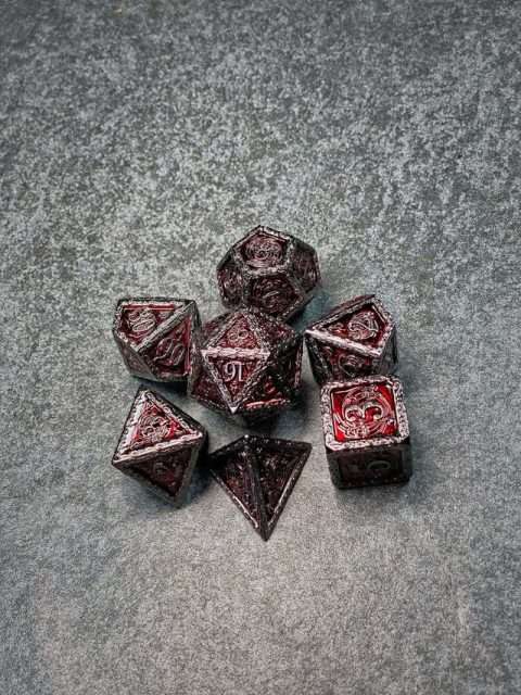 Sage's Anthems - Dark Silver and Red Metal Polyhedral Dice Set - Sage's PortalMetal Dice Set