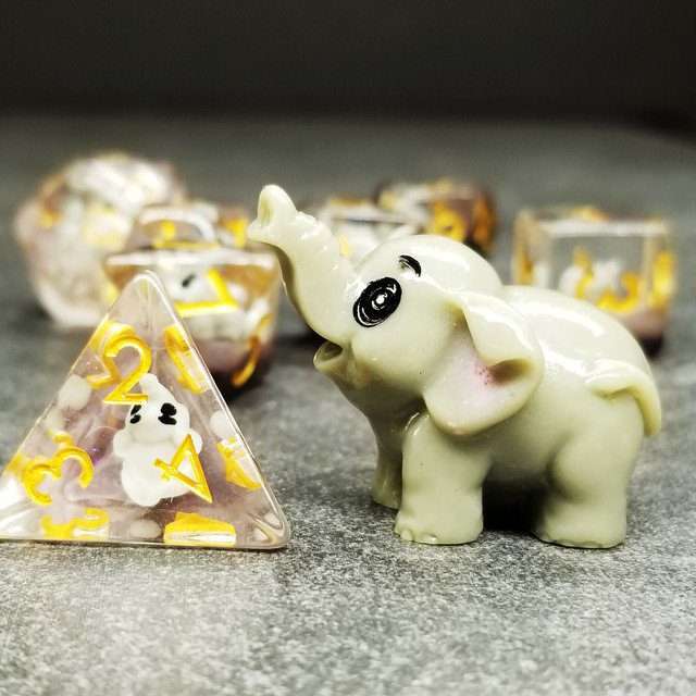 Sage's Baby Elephant Familiar Resin Polyhedral Dice Set - Sage's PortalResin Dice Set