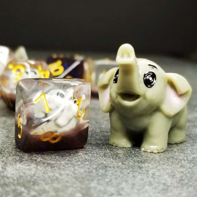 Sage's Baby Elephant Familiar Resin Polyhedral Dice Set - Sage's PortalResin Dice Set