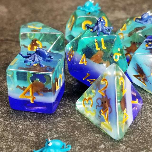 Sage's Baby Octopus Familiar Resin Polyhedral Dice Set - Sage's PortalResin Dice Set