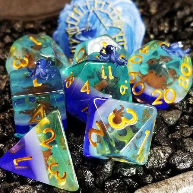 Sage's Baby Octopus Familiar Resin Polyhedral Dice Set - Sage's PortalResin Dice Set