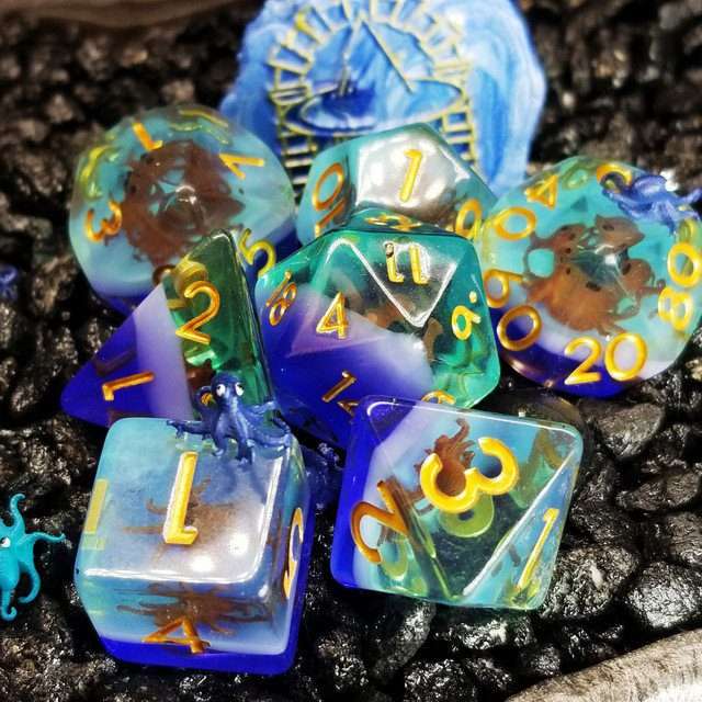Sage's Baby Octopus Familiar Resin Polyhedral Dice Set - Sage's PortalResin Dice Set