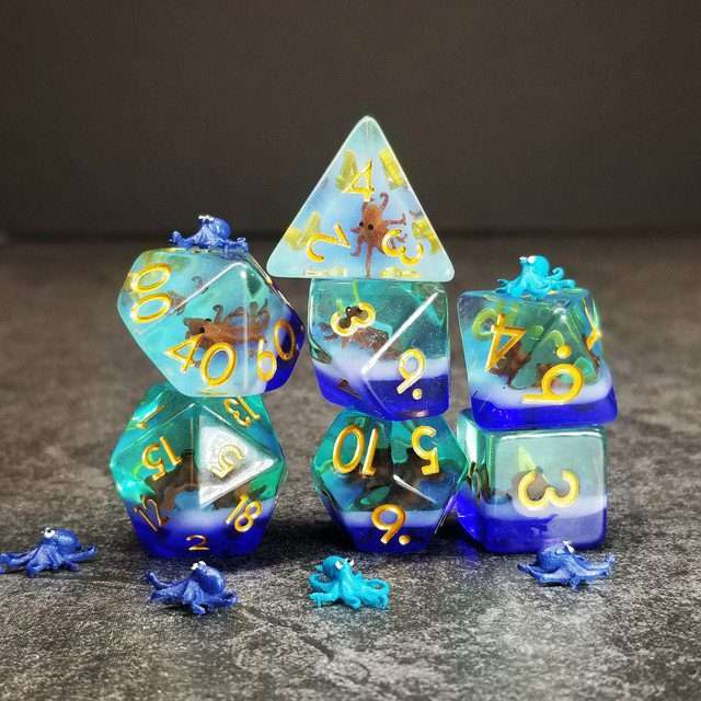 Sage's Baby Octopus Familiar Resin Polyhedral Dice Set - Sage's PortalResin Dice Set